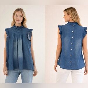 MAZIK Denim Ruffle Neck  Pleated Front distressed Sleeveless Chambray Large NWOT